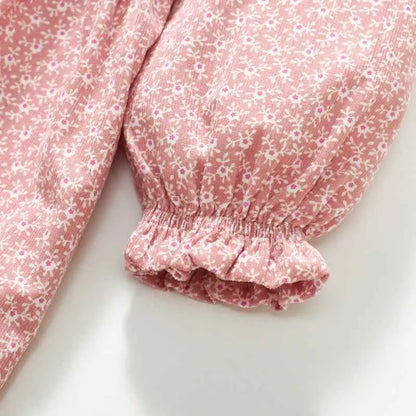Pink floral-patterned cotton princess dress with ruffled elastic cuffs for little girls by little maven
