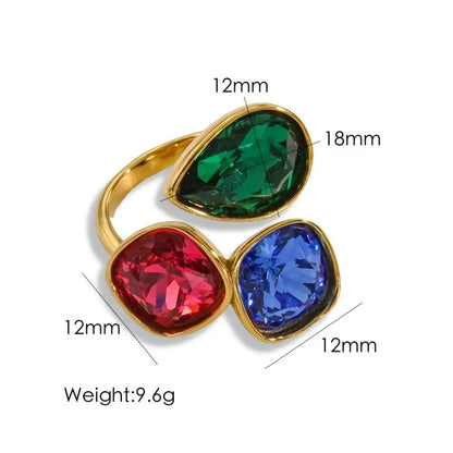 Luxury multi-stone zircon ring with gold-toned stainless steel band and colorful faceted teardrop and square gemstones Mixed Color Dark Color Series