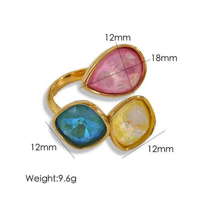 Luxury multi-stone zircon ring in gold tone with pink teardrop, blue square, and yellow oval gemstones by trend den Mixed Color Light Color Series