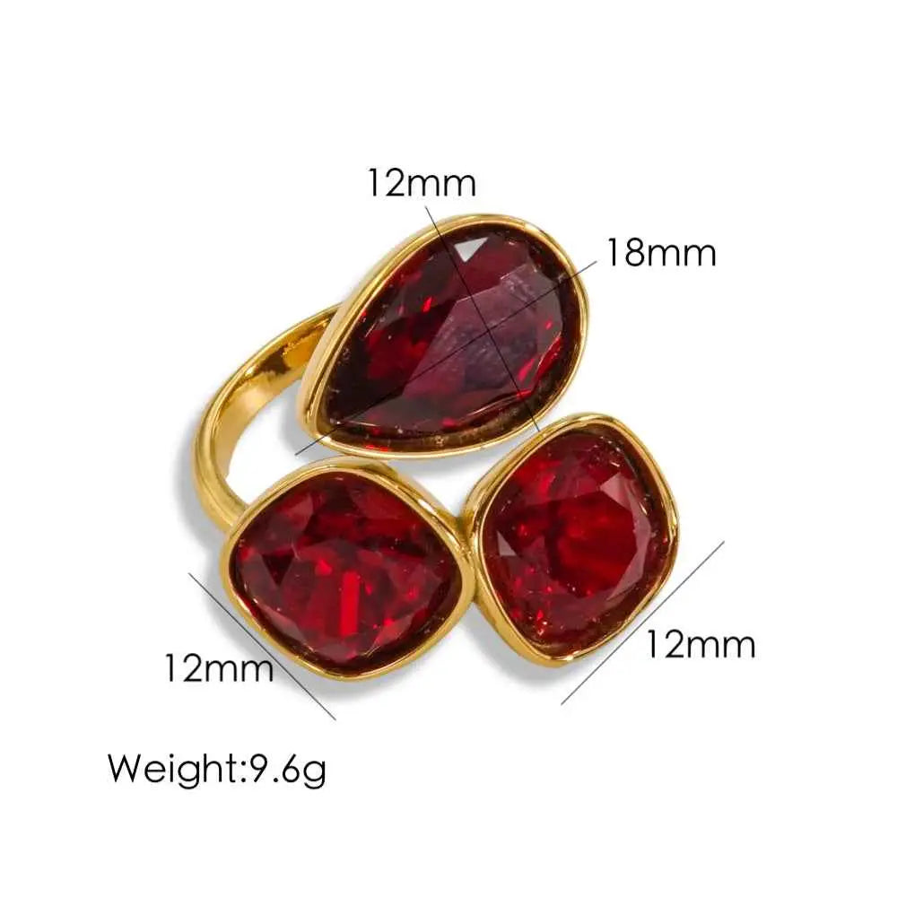 Gold-toned stainless steel luxury multi-stone zircon ring with three vibrant red teardrop and square-cut gemstones Wine Red