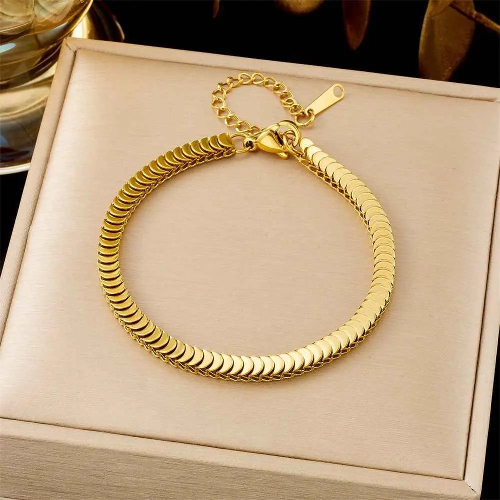 Gold-colored titanium steel snake chain fashion bracelet with interlocking design and secure clasp from trend den collection 5123 Wafer Chain