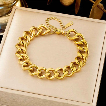 Gold-toned titanium steel curb chain fashion bracelet with secure clasp and adjustable extension from trend den collection 5129 Cuban Link Chain