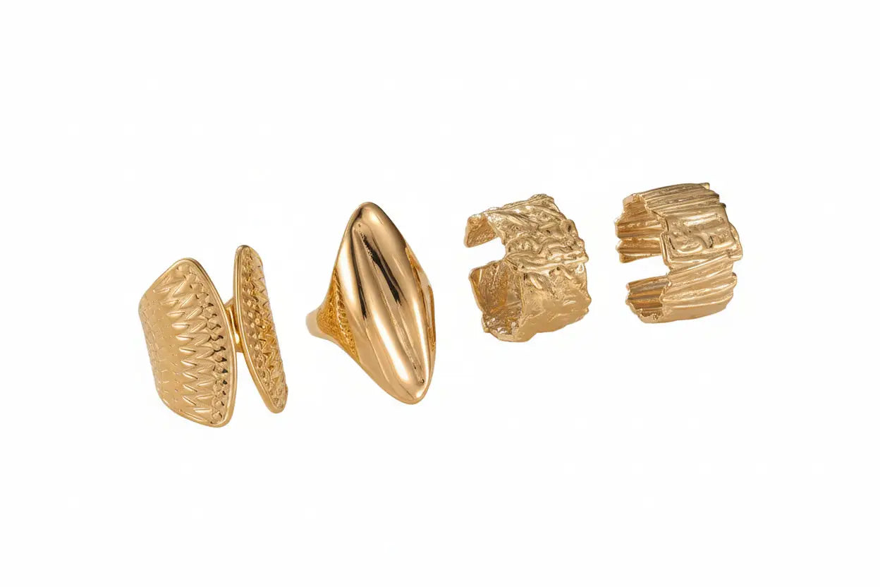 Gold-toned minimalist geometric adjustable ring in titanium steel with varied textures and bold statement design by trend den
