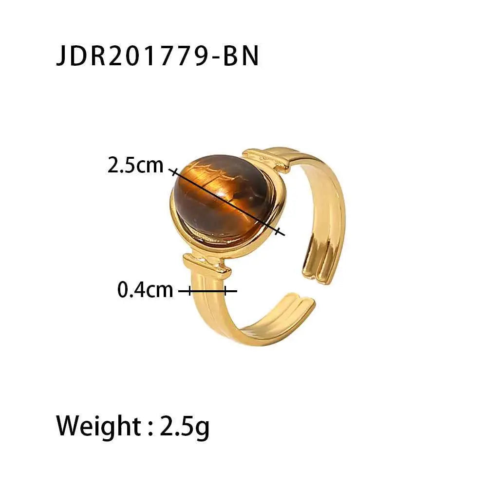 Gold-toned natural stone adjustable zircon ring with round amber tiger eye stone on a sleek minimalist band trend den JDR201779 BN