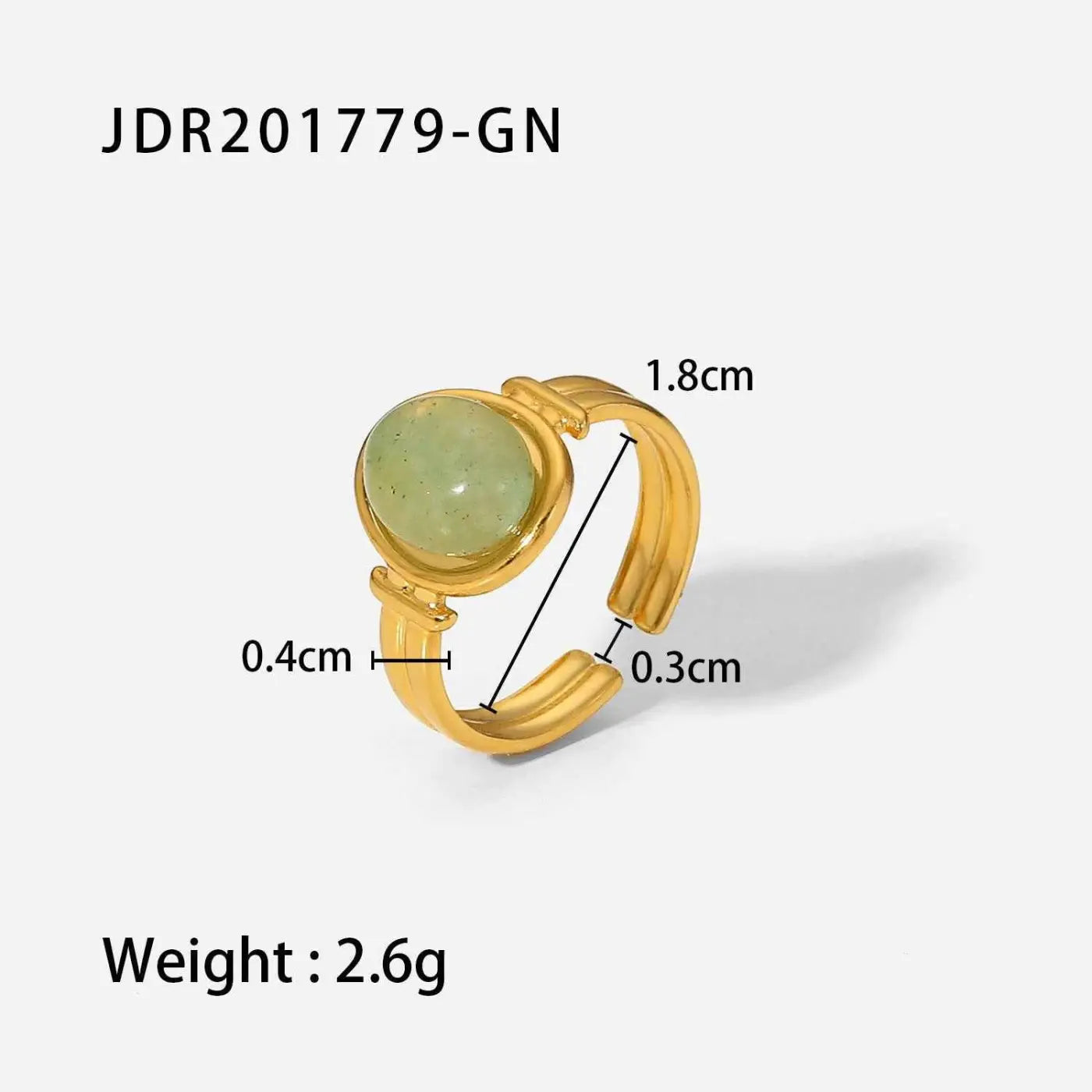 Gold-toned adjustable zircon ring with a smooth light green natural stone jade set in a minimalist trend den band JDR201779 GN