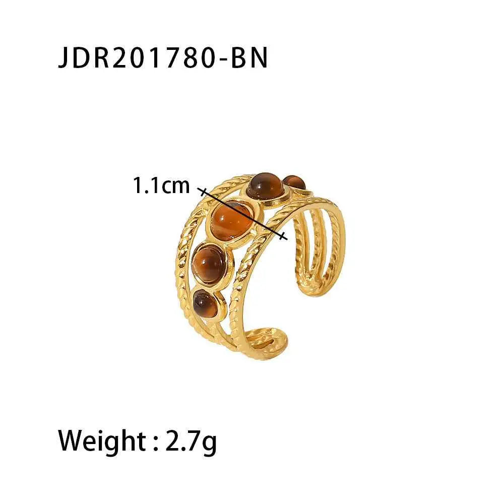 Gold-toned adjustable zircon ring with five oval amber natural stone gems in a twisted wire trend den design JDR201780 BN