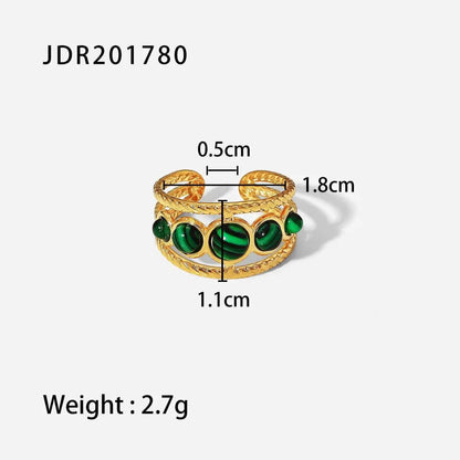Natural stone adjustable zircon ring with gold-toned twisted wire and five oval green malachite stones trend den JDR201780
