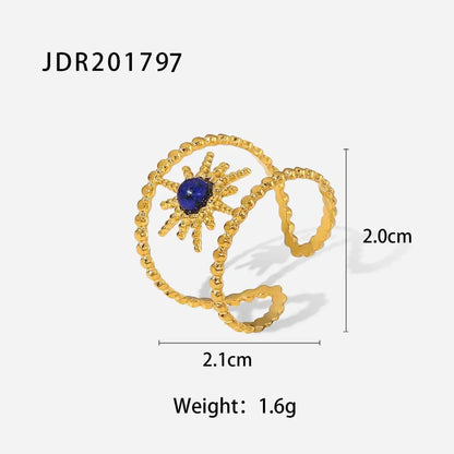 Gold-toned natural stone adjustable zircon ring with beaded sunburst design and deep blue lapis lazuli stone trend den JDR201797