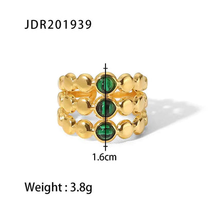 Gold-toned natural stone adjustable zircon triple-stack ring with polished beads and vibrant green emerald stones trend den JDR201939