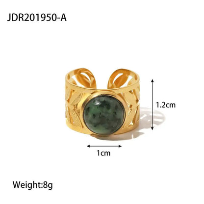 Gold-toned adjustable zircon cuff ring with intricate leaf design and central round natural stone green gem JDR201950 A