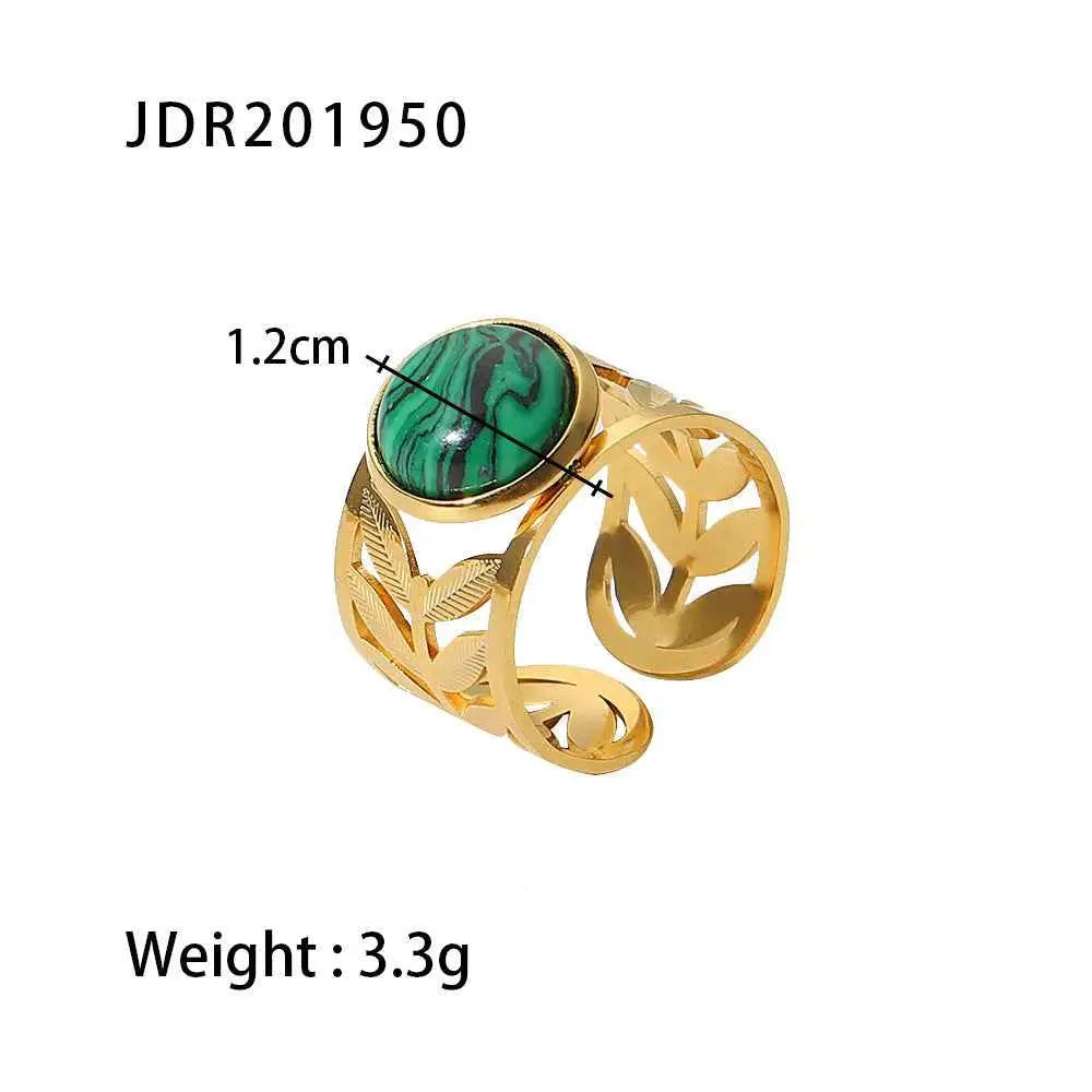 Gold-toned adjustable zircon ring with a green oval natural stone malachite set in a leaf-patterned band trend den JDR201950