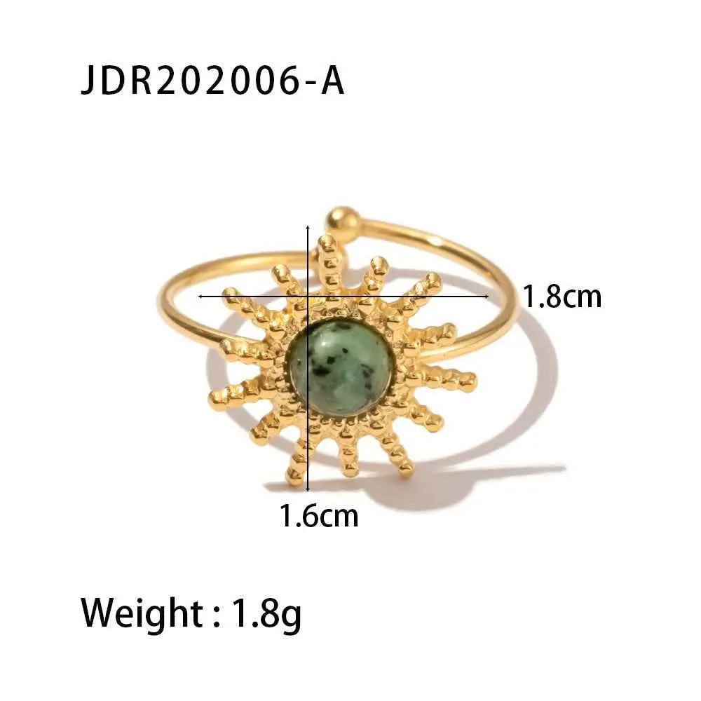 Gold-toned natural stone adjustable zircon ring with central green speckled stone and intricate sunburst spiked design JDR202006 A