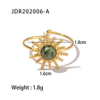 Gold-toned natural stone adjustable zircon ring with central green speckled stone and intricate sunburst spiked design JDR202006 A