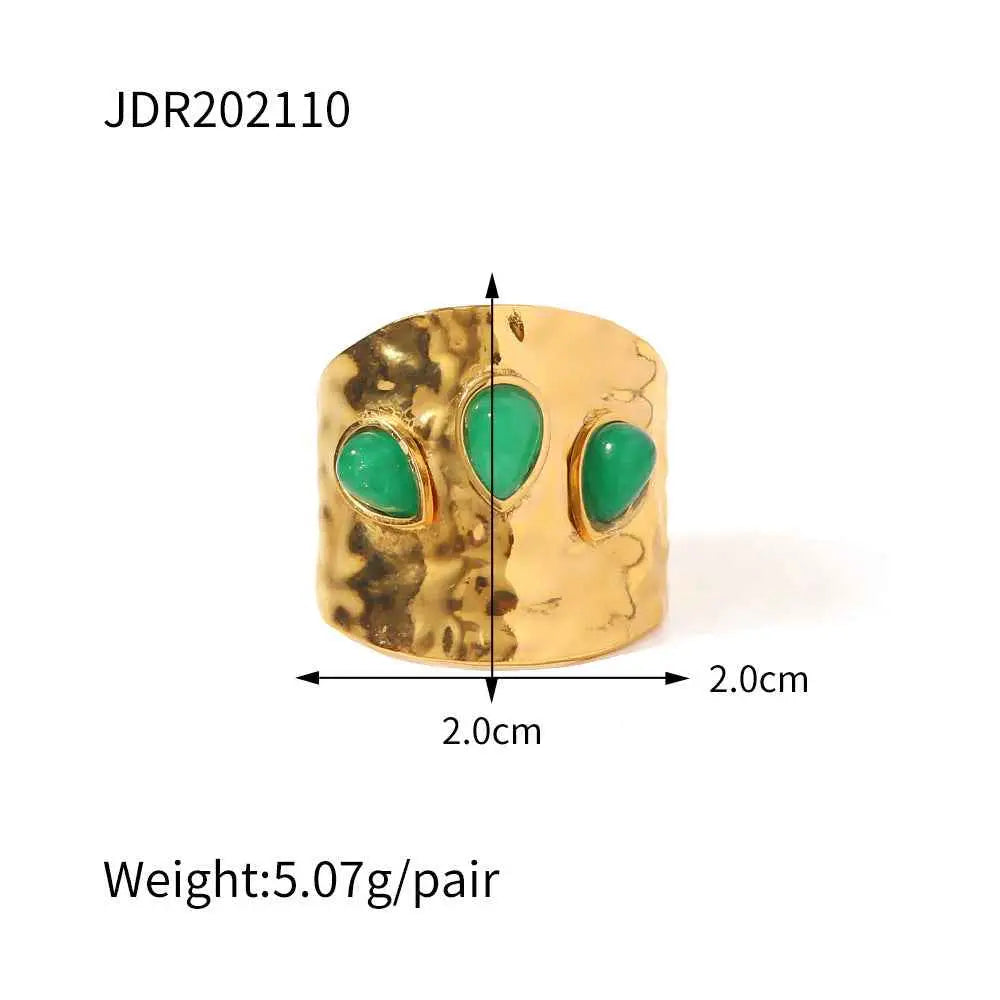 Gold-toned hammered cuff bracelet with three teardrop green natural stone accents in bold textured design trend den JDR202110