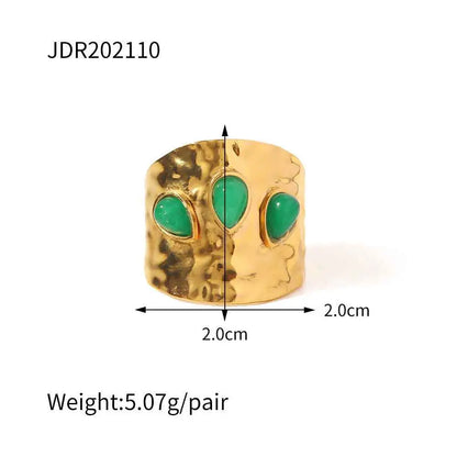 Gold-toned hammered cuff bracelet with three teardrop green natural stone accents in bold textured design trend den JDR202110