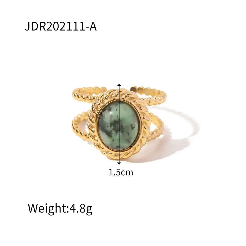 Natural stone adjustable zircon ring with gold-toned twisted rope design and oval green stone center from trend den JDR202111 A