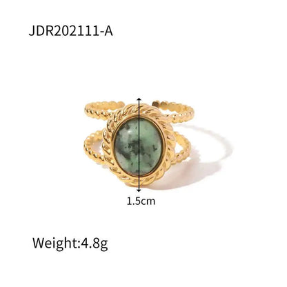 Natural stone adjustable zircon ring with gold-toned twisted rope design and oval green stone center from trend den JDR202111 A