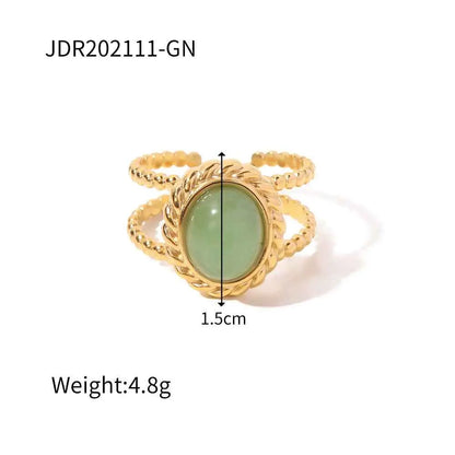 Gold-toned natural stone adjustable zircon ring with twisted rope design and oval light green stone from trend den JDR202111 GN