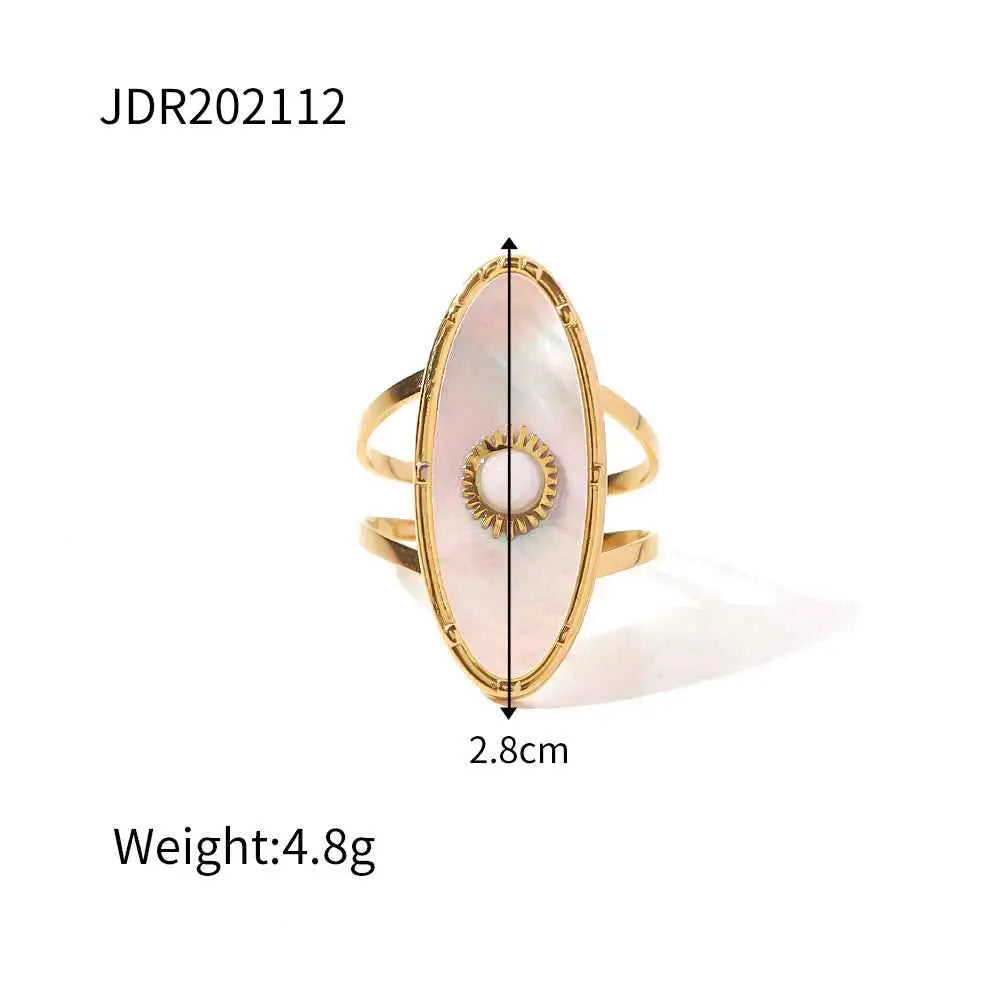 Gold-toned natural stone adjustable zircon ring with oval mother of pearl and sunburst pearl centerpiece design JDR202112