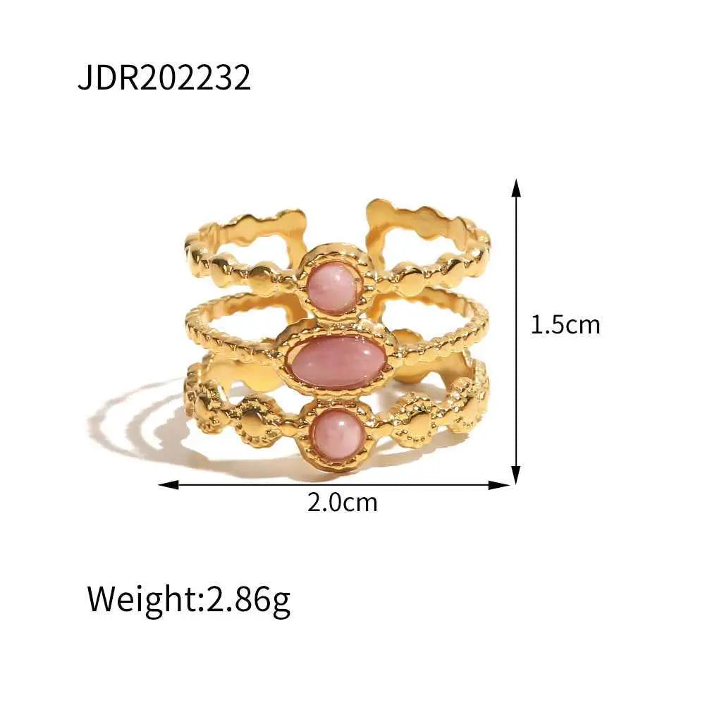Gold-toned natural stone adjustable zircon ring set with three interlocking bands and pink oval gemstones JDR202232