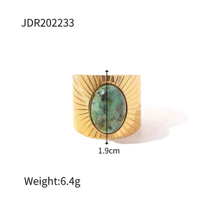 Gold-toned adjustable zircon ring with sunburst design and oval green natural stone from trend den JDR202233