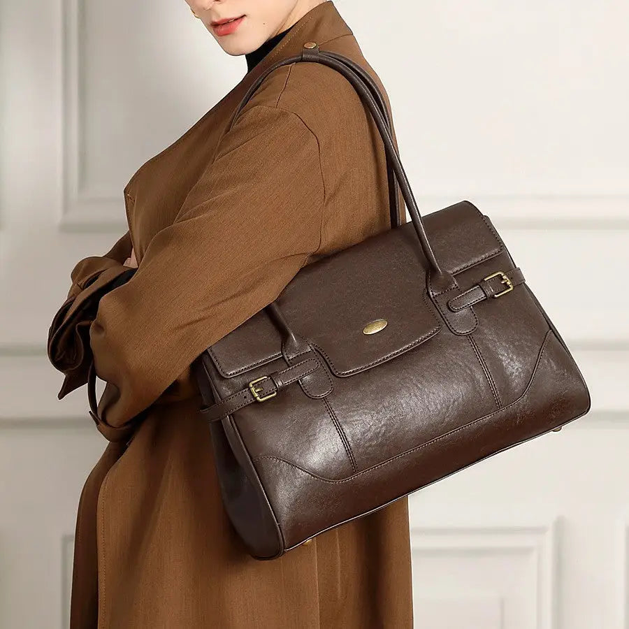 Full-Grain Leather Commuter Underarm Bag | Retro Office Tote - work bag, leather tote, commuter, full-grain cowhide,