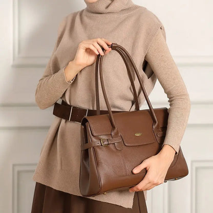 Full-Grain Leather Commuter Underarm Bag | Retro Office Tote - work bag, leather tote, commuter, full-grain cowhide,