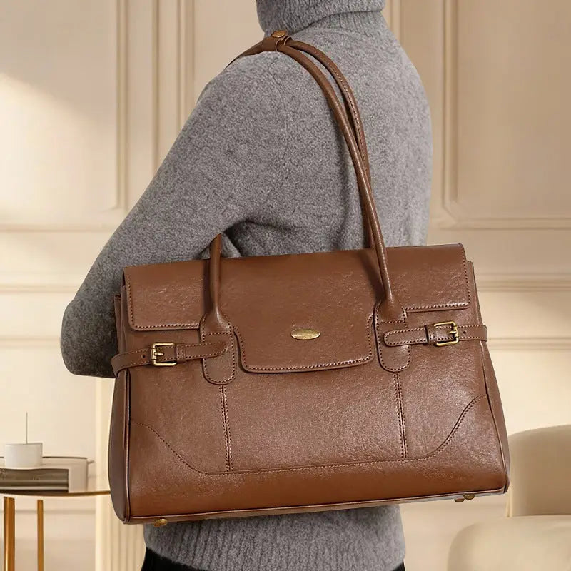 Full-Grain Leather Commuter Underarm Bag | Retro Office Tote - work bag, leather tote, commuter, full-grain cowhide,