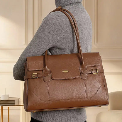 Full-Grain Leather Commuter Underarm Bag | Retro Office Tote - work bag, leather tote, commuter, full-grain cowhide,