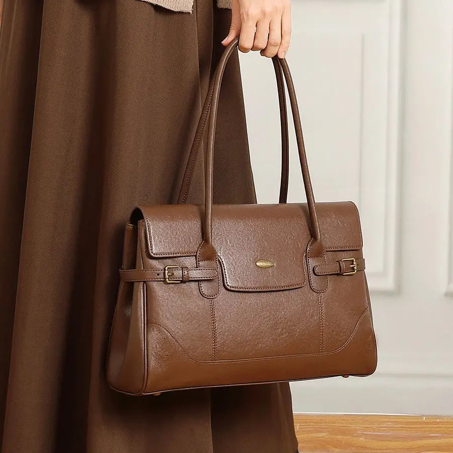 Full-Grain Leather Commuter Underarm Bag | Retro Office Tote - work bag, leather tote, commuter, full-grain cowhide,