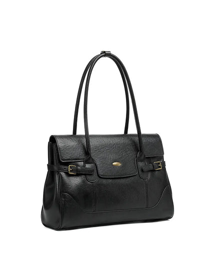 Full-Grain Leather Commuter Underarm Bag | Retro Office Tote - Black - work bag, leather tote, commuter, full-grain Black