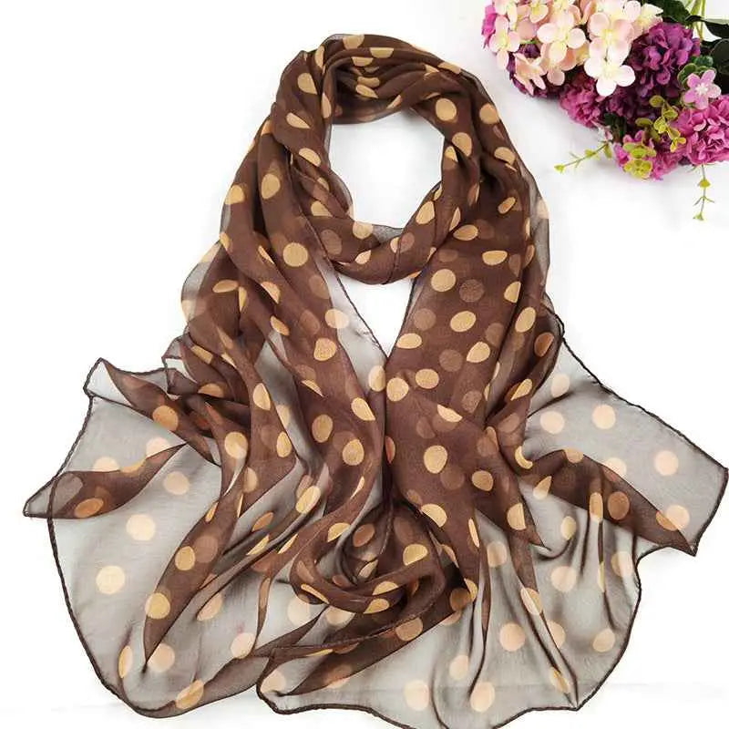 Sheer brown oil painting floral georgette sunscreen scarf with tan polka dots and a delicate flowing design C