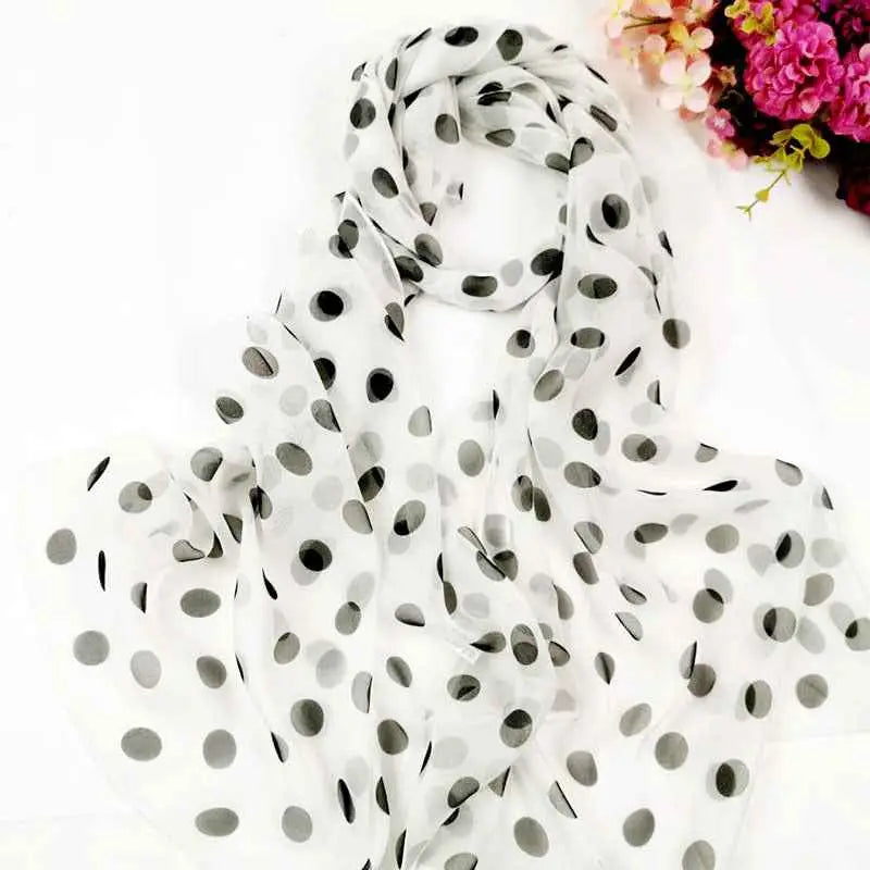 Sheer white georgette sunscreen scarf with black and gray polka dot pattern in oil painting floral style D