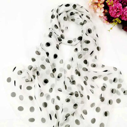 Sheer white georgette sunscreen scarf with black and gray polka dot pattern in oil painting floral style D