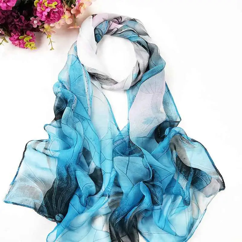 Oil painting floral georgette sunscreen scarf flowing blue and black gradient with delicate leaf pattern sheer fabric G