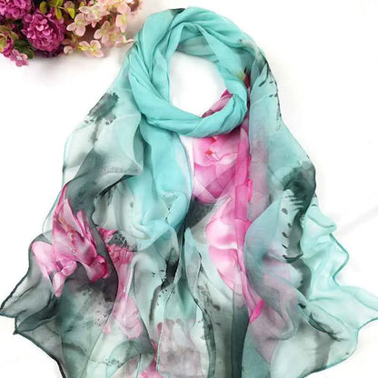 A delicate turquoise lightweight sheer georgette sunscreen scarf with soft pink gray oil painting floral patterns A
