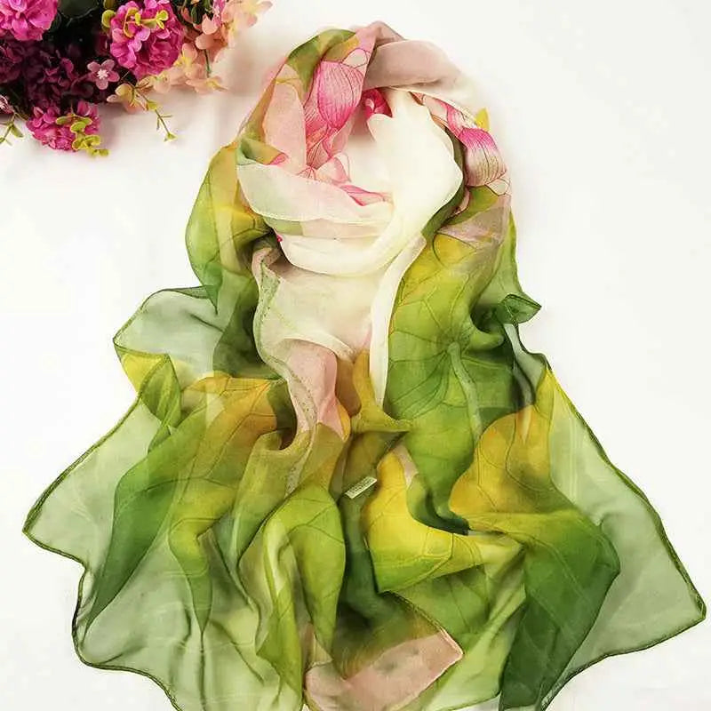 Oil painting floral georgette sunscreen scarf with a delicate semi-transparent fabric featuring green leaves and pink flowers I