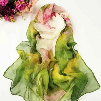 Oil painting floral georgette sunscreen scarf with a delicate semi-transparent fabric featuring green leaves and pink flowers I