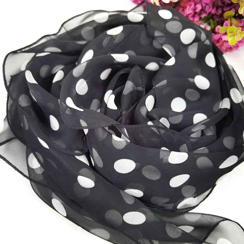 Black sheer georgette sunscreen scarf with white and gray polka dots featuring oil painting floral design B