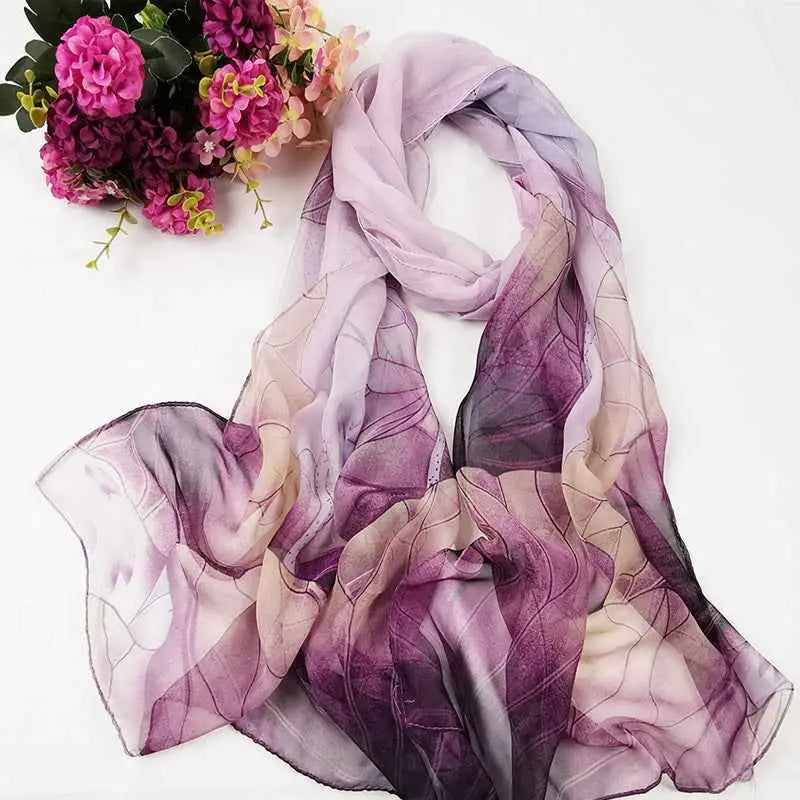 Delicate sheer oil painting floral georgette sunscreen scarf with lavender purple gradient and elegant leaf pattern D