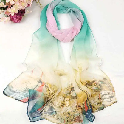Delicate oil painting floral georgette sunscreen scarf with mint green to pink gradient and coastal village scene print D