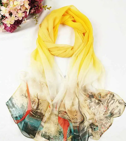 Oil painting floral georgette sunscreen scarf with yellow to white gradient and abstract landscape print in teal and earth tones M