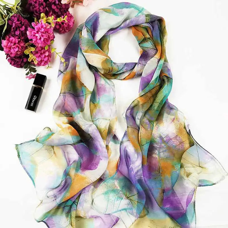 Oil painting floral georgette sunscreen scarf with flowing semi-transparent fabric in purple teal orange and cream shades N