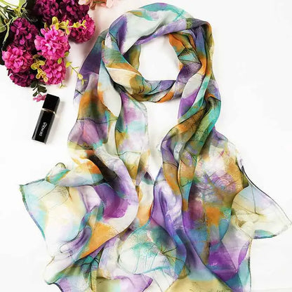 Oil painting floral georgette sunscreen scarf with flowing semi-transparent fabric in purple teal orange and cream shades N