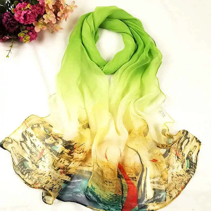 Oil painting floral georgette sunscreen scarf with vibrant lime green to yellow gradient and bold red accents O