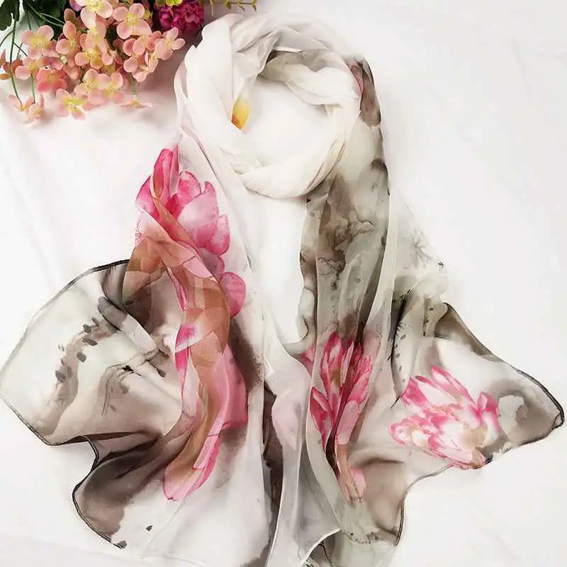 A delicate white silk georgette sunscreen scarf with soft pink and brown oil painting floral patterns A