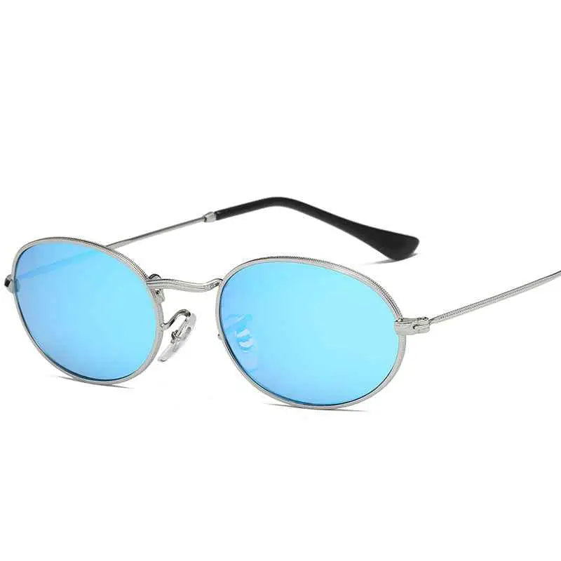Oval metal frame vintage sunglasses with silver round frames and blue mirrored lenses with black temple tips Blue