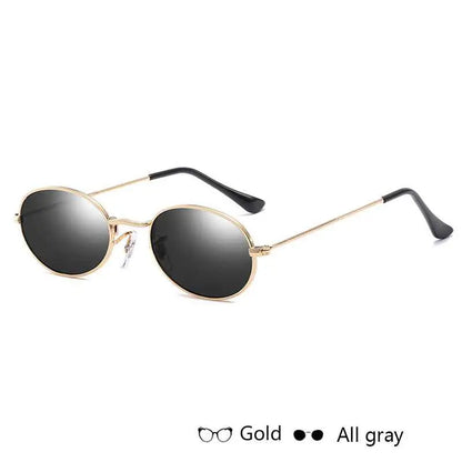 Oval metal frame vintage sunglasses with gold frame dark gray mirrored lenses and black temple tips from trend den Gold gray