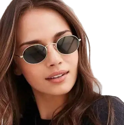 Oval metal frame vintage sunglasses with gold rims and dark gray lenses for a stylish trend den look