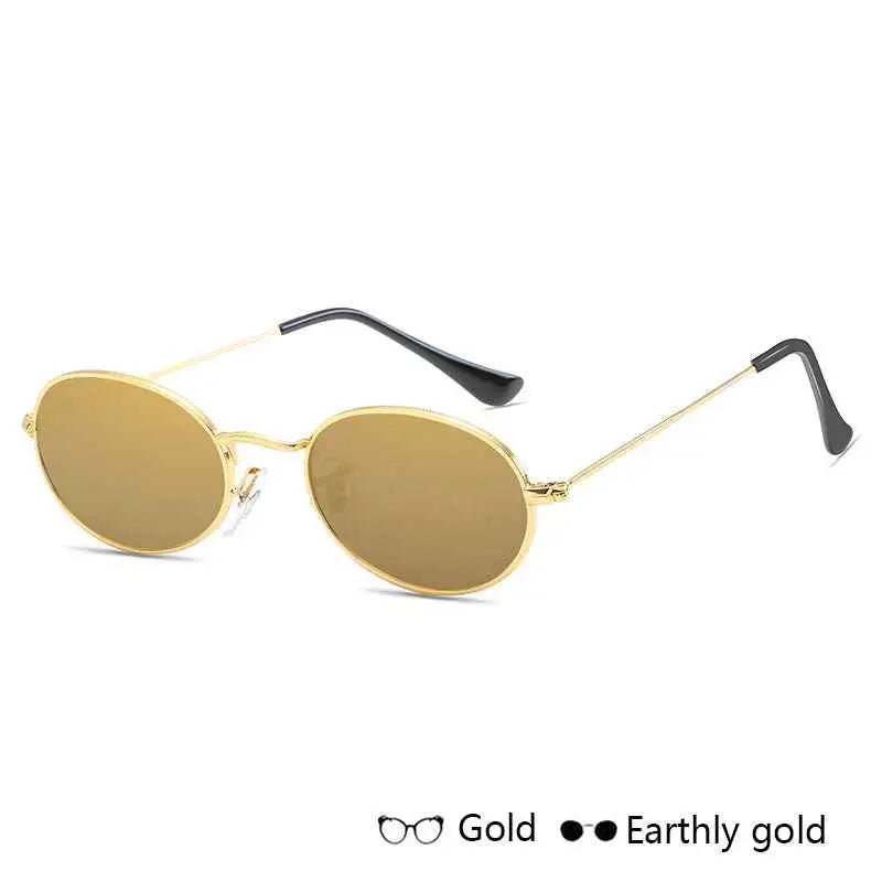 Oval metal frame vintage sunglasses in gold tone with mirrored brown lenses and black temple tips